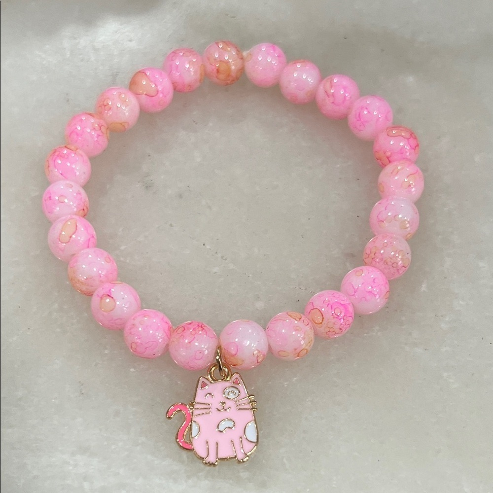 Pink Beaded Bracelet with Cat Charm